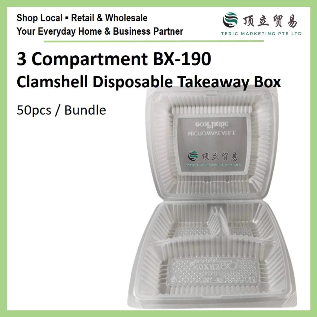 BX190 3 Compartment Plastic Clamshell Disposable Takeaway Box | Bundle