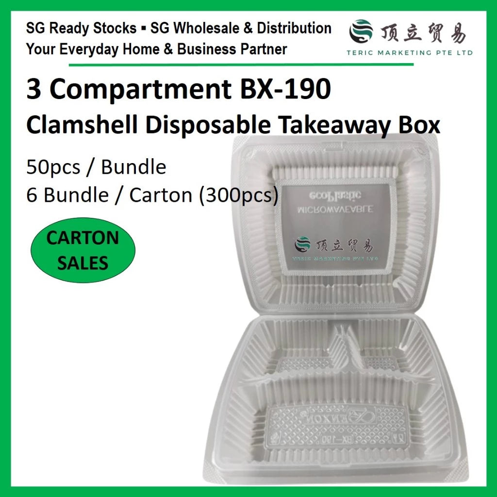 BX190 3 Compartment Plastic Clamshell Disposable Takeaway Box | Carton